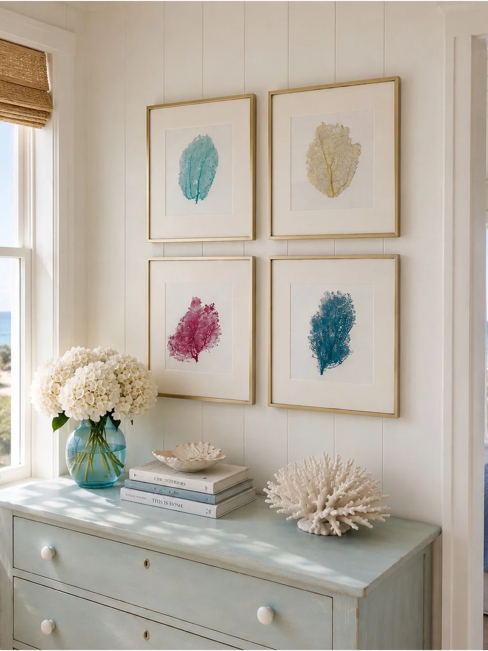 Set of 4 Framed Real Painted Sea Fan Corals | Coastal Wall Art | 12” x 12”
